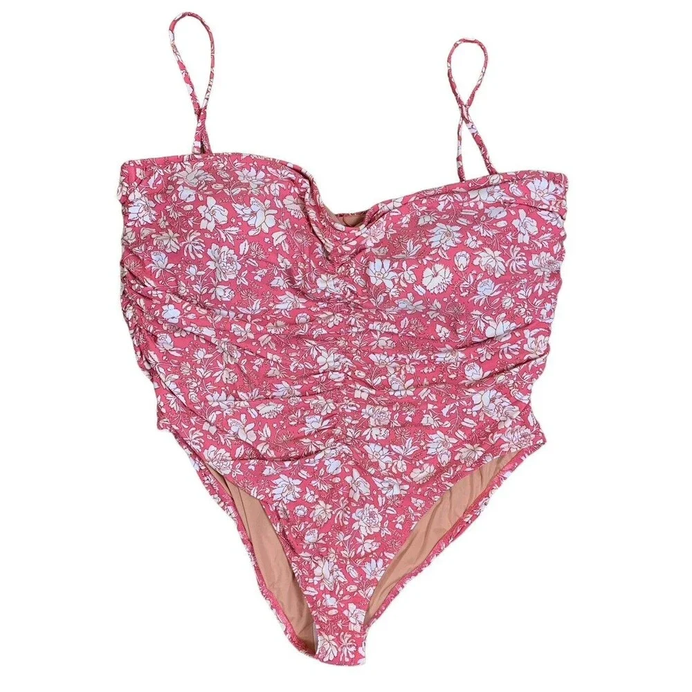 J. Crew Women's 24 Pink Tossed Floral Ruched Sweetheart One-Piece Swimsuit New! - Picture 3 of 11